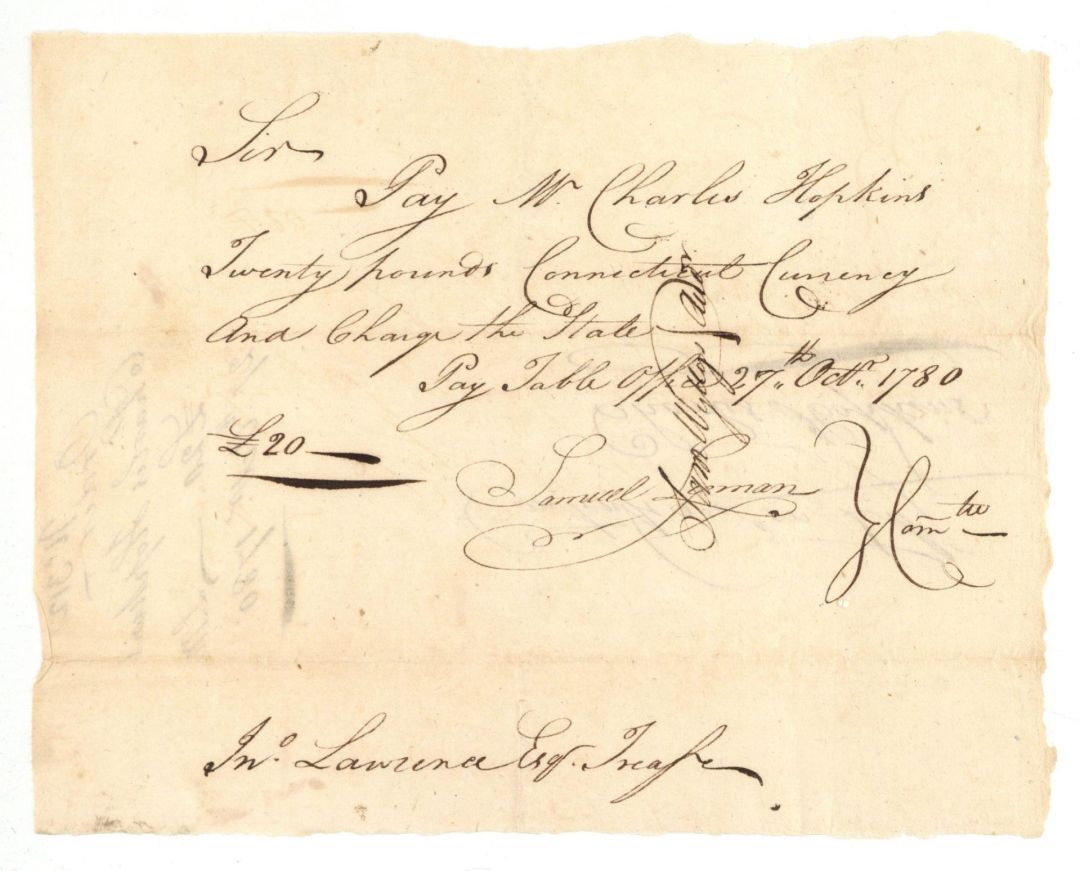 1780 dated Pay Order Signed by Sam Wyllys - Autograph - American Revolutionary War