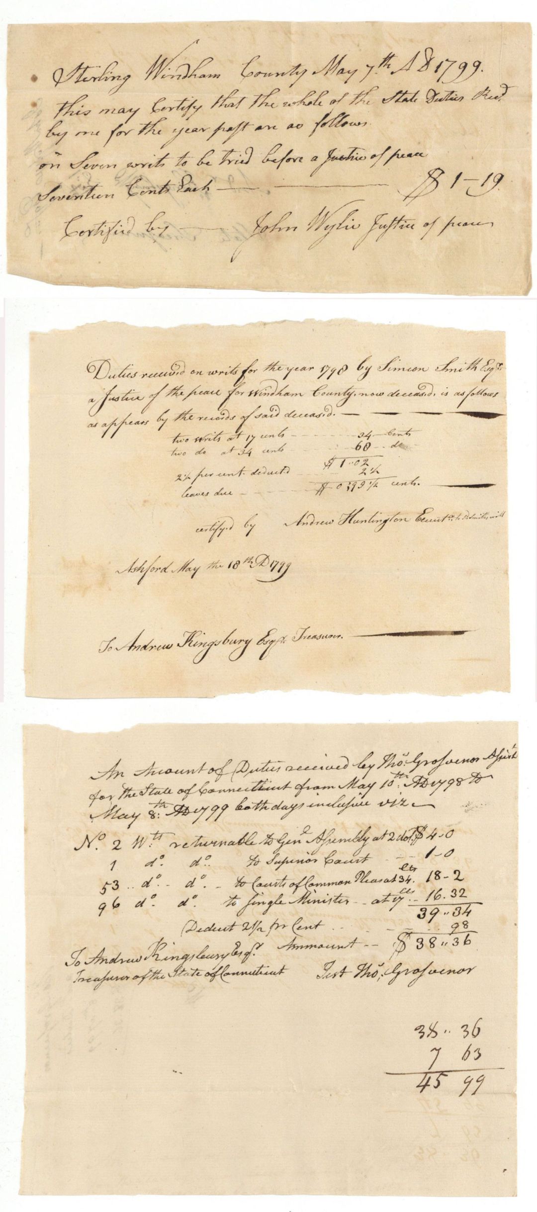 Three 1799 dated Documents Signed by Andrew Kingsbury - Autograph - American Revolutionary War