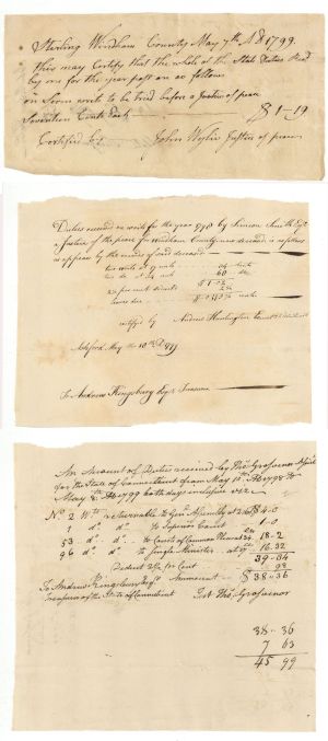 Three 1799 dated Documents Signed by Andrew Kingsbury - Autograph - American Revolutionary War