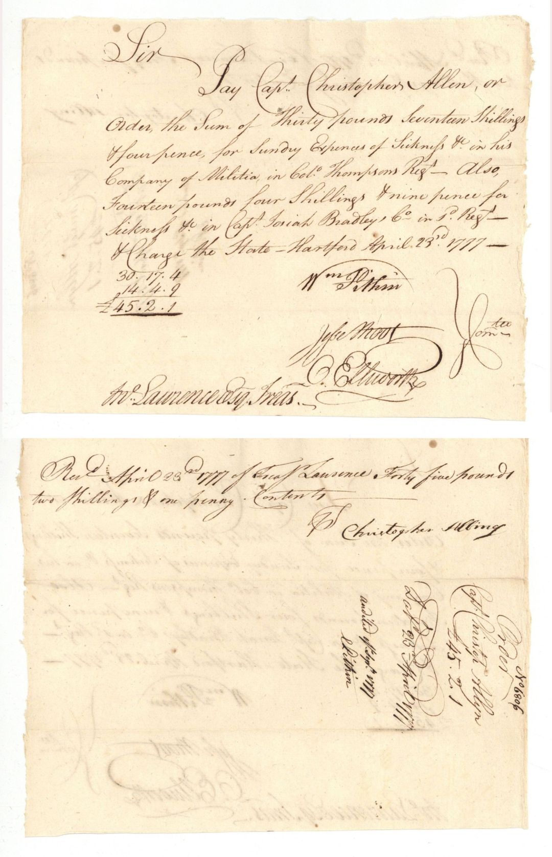 1777 dated Oliver Ellsworth, Jesse Root and William Pitkin signed Revolutionary War Pay Order - Connecticut - American Revolutionary War Autograph