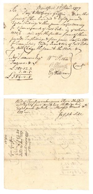 1777 dated Oliver Ellsworth and Wm. Pitkin signed Revolutionary War Pay Order - Connecticut - American Revolutionary War Autograph