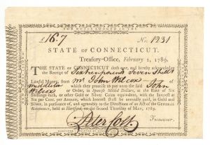 State of Connecticut Receipt Signed by Peter Colt - 1789 dated Connecticut Revolutionary War Bonds 