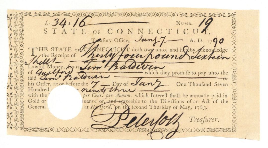 State of Connecticut Receipt Signed by Peter Colt - 1789-1790 dated Connecticut Revolutionary War Bonds 