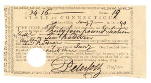 State of Connecticut Receipt Signed by Peter Colt - 1789-1790 dated Connecticut Revolutionary War Bonds 