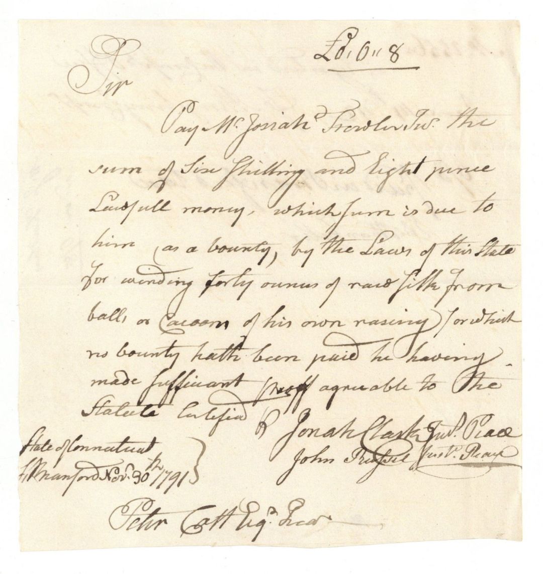 State of Connecticut Pay Order Signed by Peter Colt - 1791 and 1792 dated Connecticut Revolutionary War Bonds 