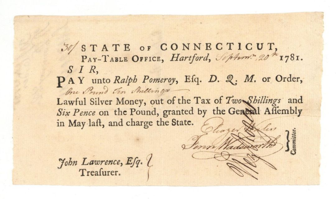 1781 dated Pay Table Office Order signed by Hezekiah Rogers - American Revolutionary War Autograph