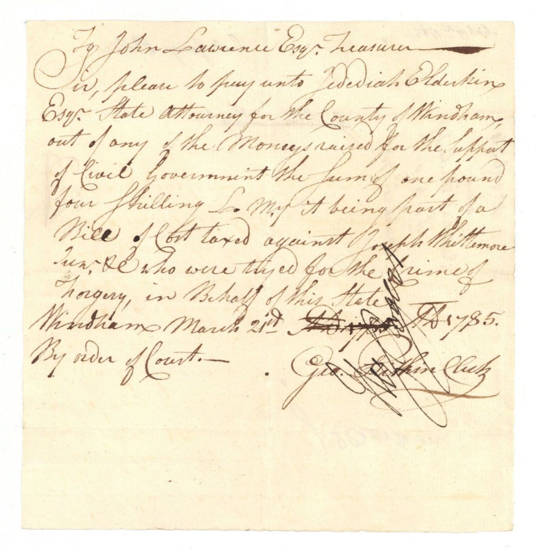 1785 dated Pay Order signed by Hezekiah Rogers and Geo. Pitkin - American Revolutionary War Autograph