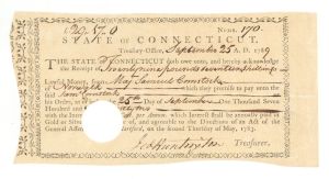 1789 dated State of Connecticut Receipt signed by General Jedediah Huntington - American Revolutionary War Autograph