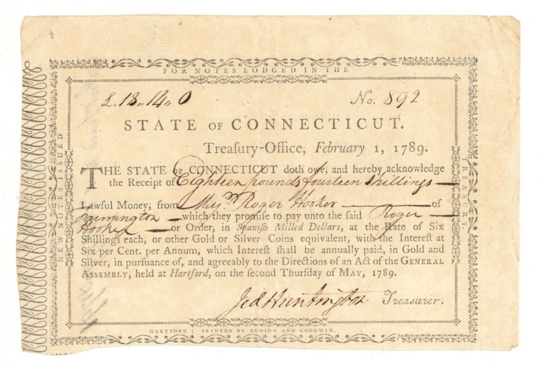 1789 dated State of Connecticut Receipt signed by General Jedediah Huntington - American Revolutionary War Autograph