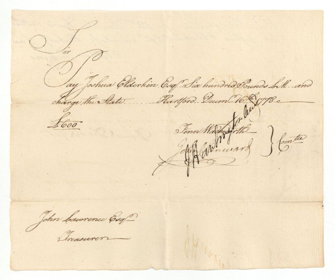 1778 or 1781 dated Pay Order signed by General Jedediah Huntington - American Revolutionary War Autograph