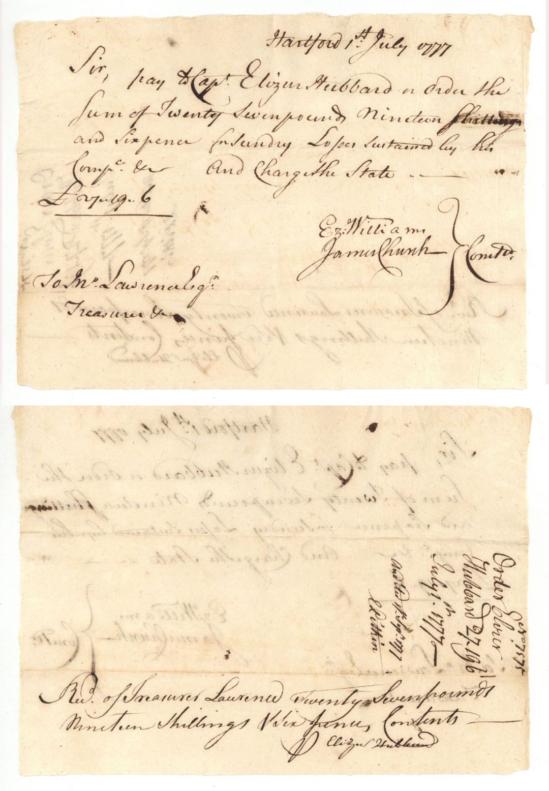 1777 or 1778 dated Pay Order signed by James Church - American Revolutionary War Autograph