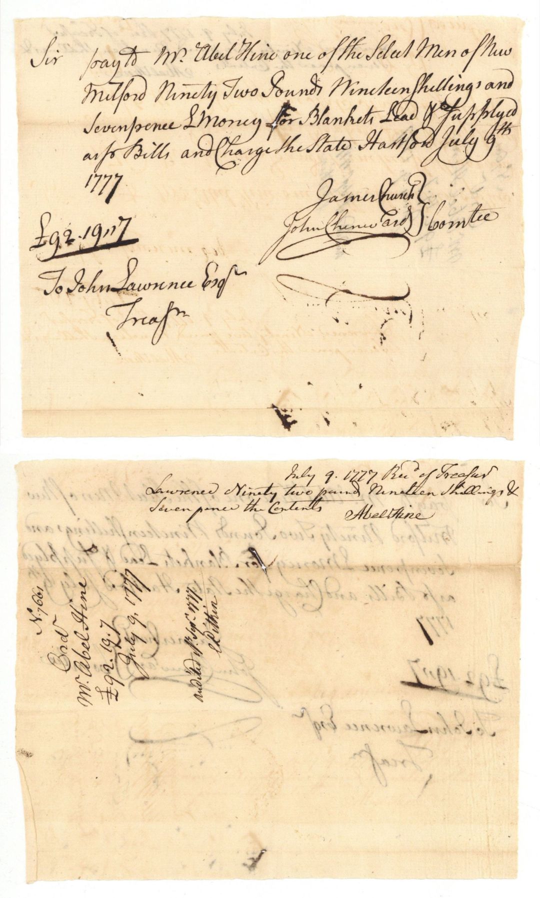 1777 dated Pay Order signed by James Church, John Cheneward & John Lawrence - American Revolutionary War Autograph