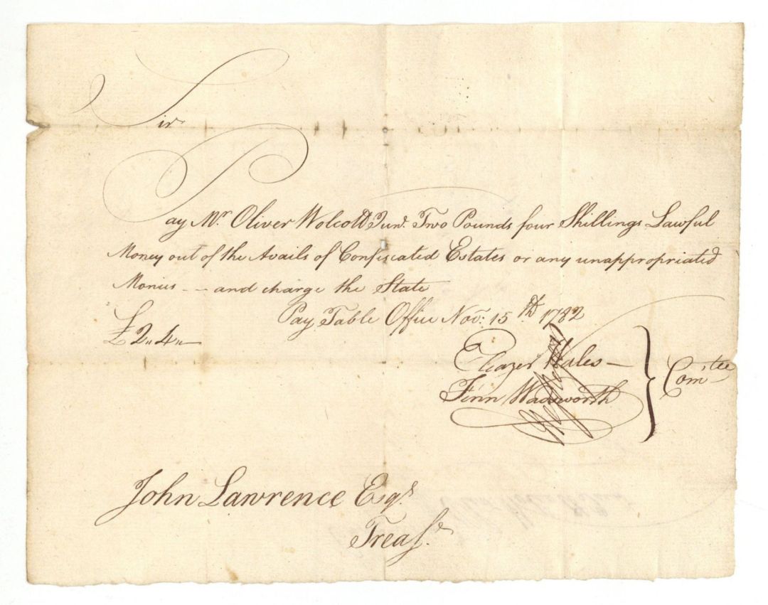 1782 dated Pay Order issued to Oliver Wolcott and signed by Finn Wadsworth and Hezekiah Rogers - American Revolutionary War Autograph