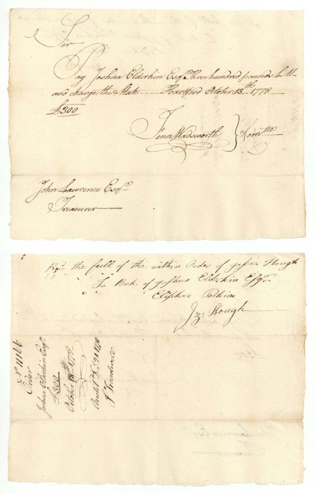 1778-1782 dated Pay Order signed by Finn Wadsworth and John Lawrence - American Revolutionary War Autograph