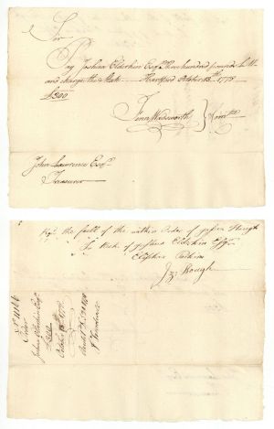 1778-1782 dated Pay Order signed by Finn Wadsworth and John Lawrence - American Revolutionary War Autograph