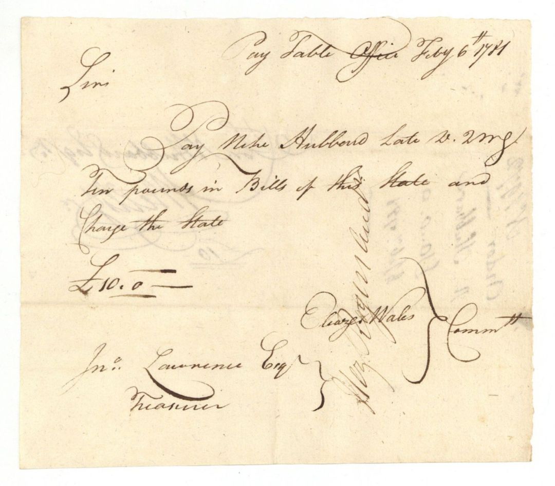 1781 dated Pay Order signed by Eleazer Wales and John Lawrence - American Revolutionary War Autograph