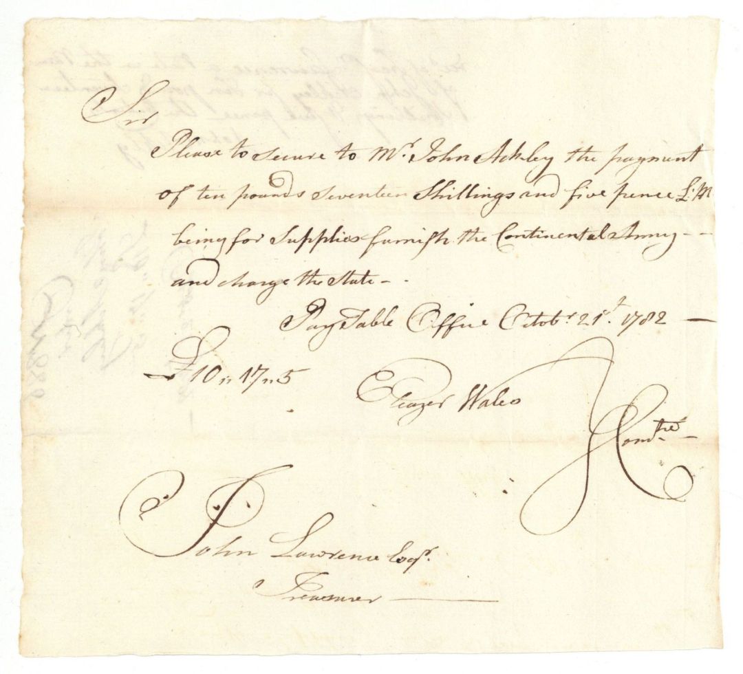 1782 dated Pay Order signed by Eleazer Wales and John Lawrence - American Revolutionary War Autograph