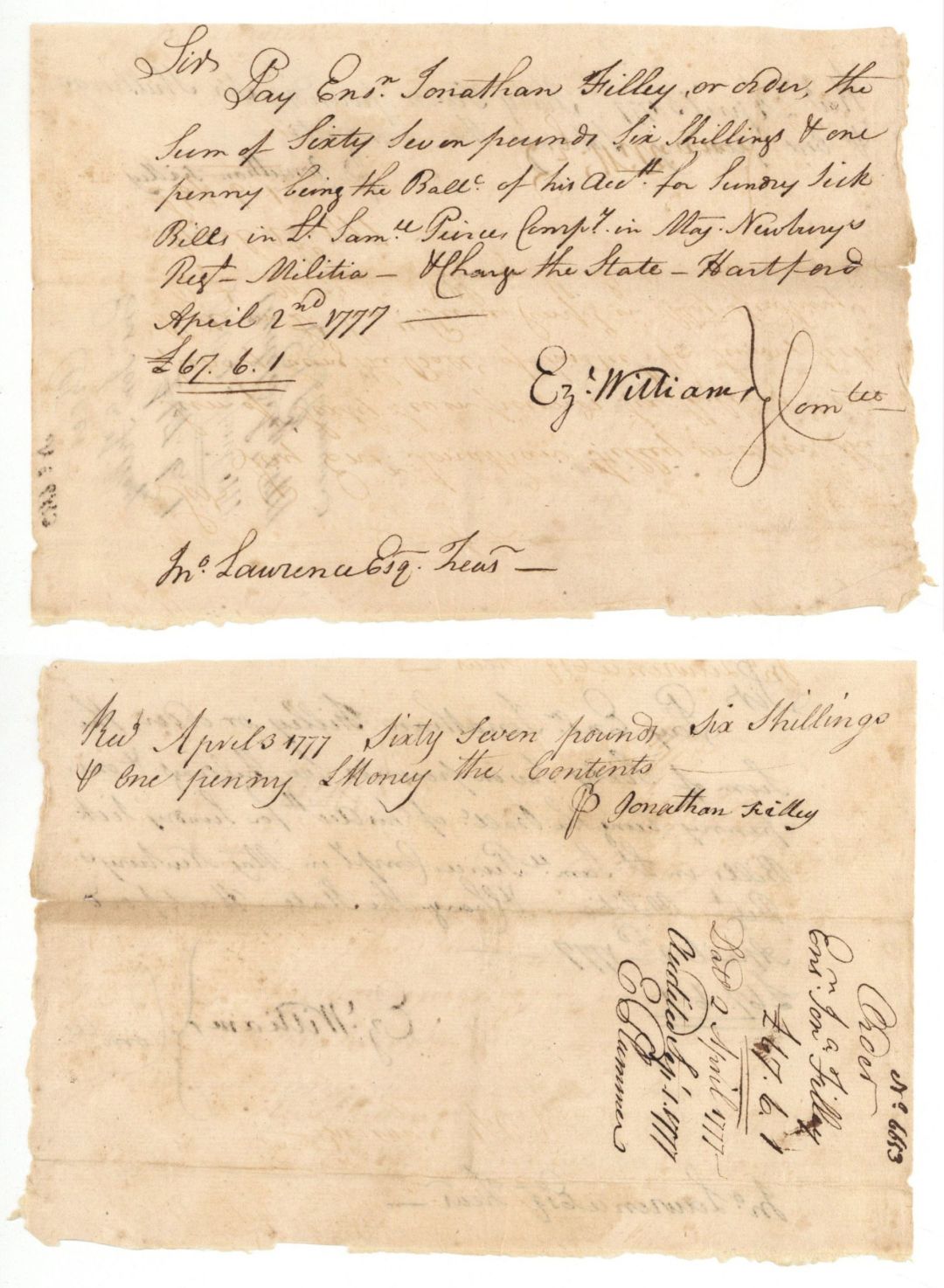 1777 dated Pay Order signed by Ez Williams and John Lawrence - American Revolutionary War Autograph