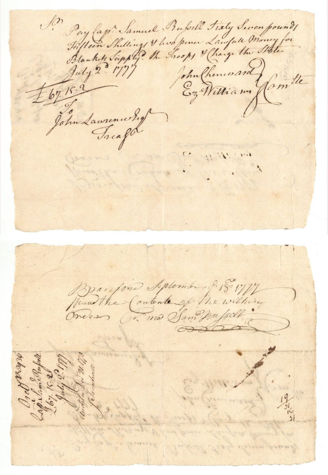 1777 dated Pay Order signed by Ez Williams and John Chenward - American Revolutionary War Autograph