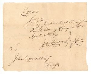 1778 dated Pay Order signed by John Lawrence and John Chenward - American Revolutionary War Autograph