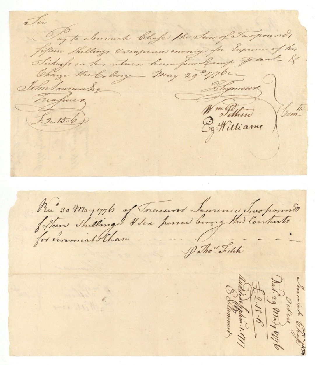 1776 dated Pay Order signed by John Lawrence, Ez Williams and T. Seymour - American Revolutionary War Autograph