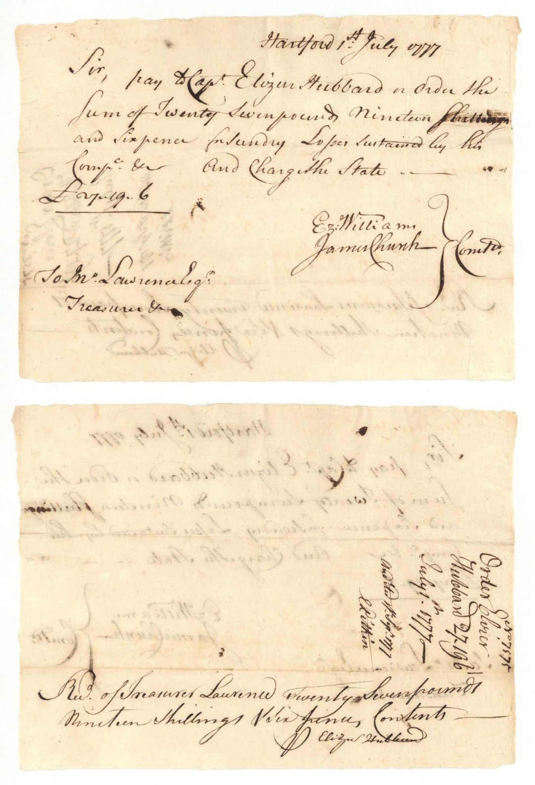 1777 dated Pay Order signed by James Church, Ez Williams and John Lawrence - American Revolutionary War Autograph