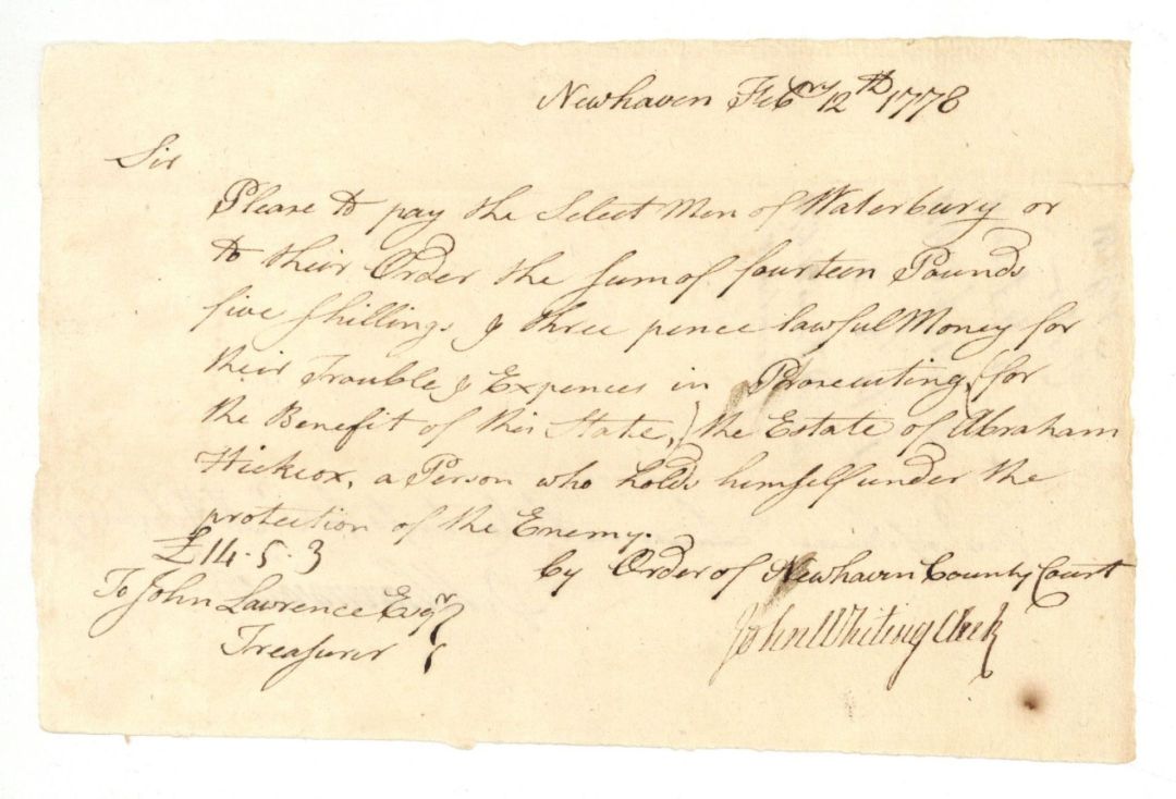 1777-1788 dated Pay Order Signed by John Lawrence - American Revolutionary War Autograph