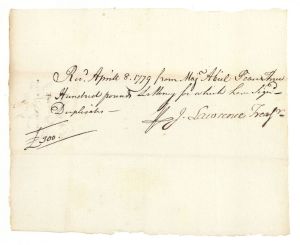 1779 dated Receipt Signed by John Lawrence - American Revolutionary War Autograph