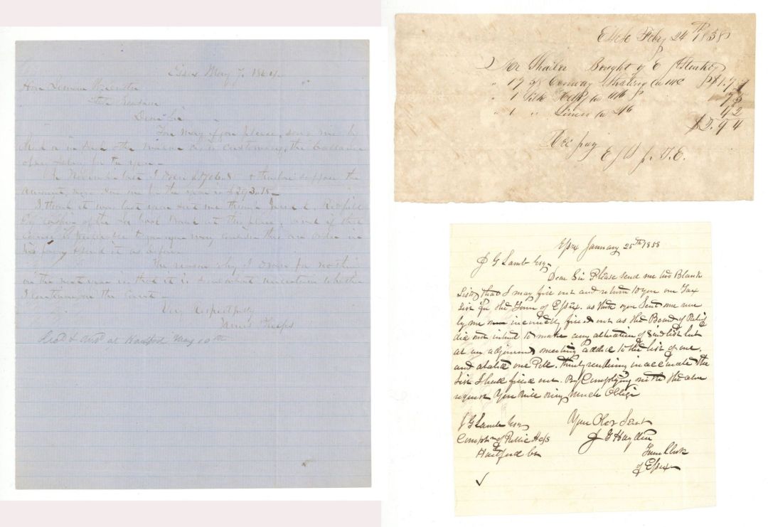 1838, 1858 and 1864 dated Essex, Connecticut Documents - American Revolutionary War Document