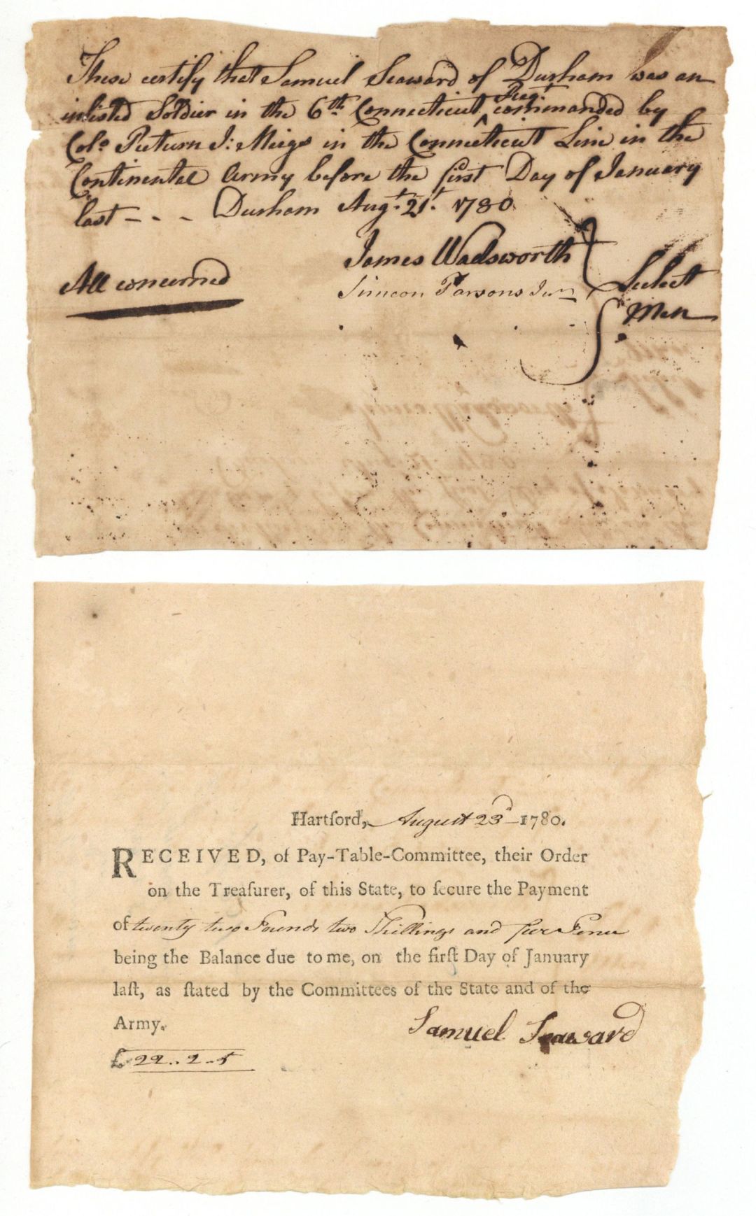 1780 dated Receipt and Soldier Certification Note - American Revolutionary War Document