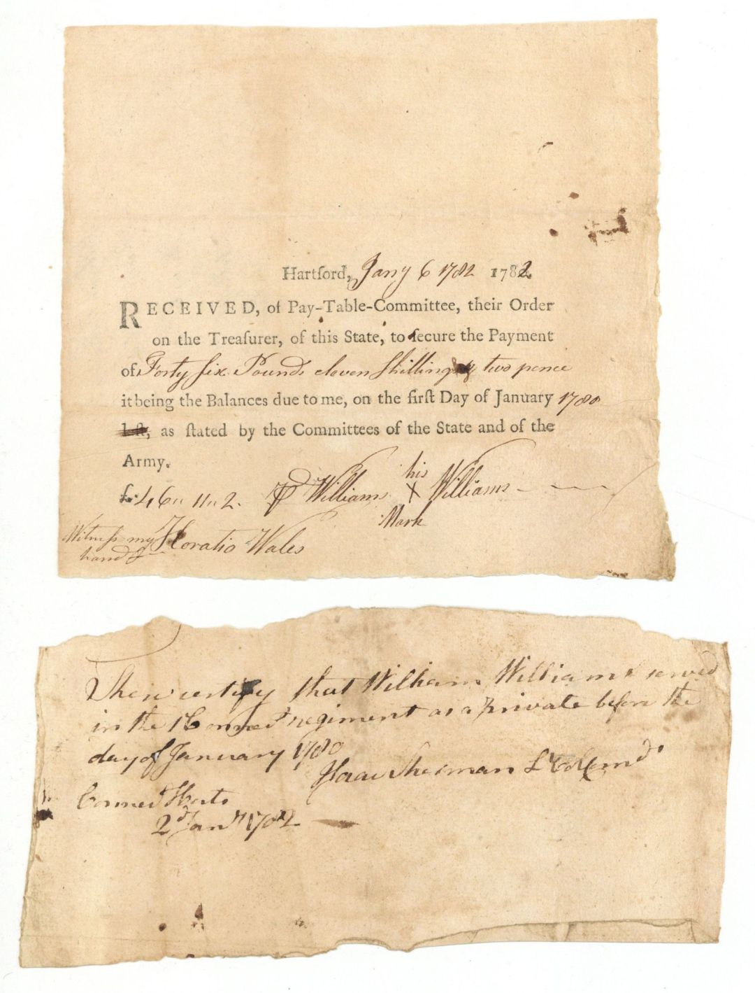 1780 and 1782 dated Receipt and Soldier Certification Note - American Revolutionary War Document