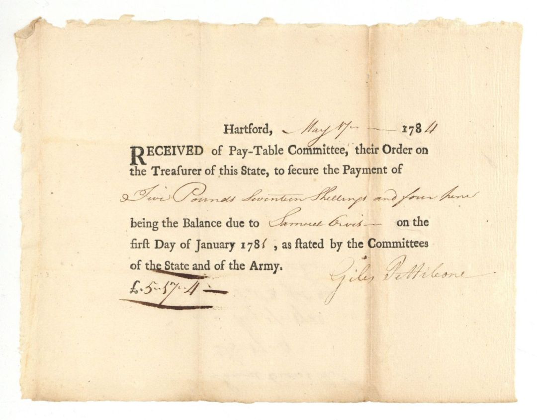 1784 dated Receipt - American Revolutionary War Document