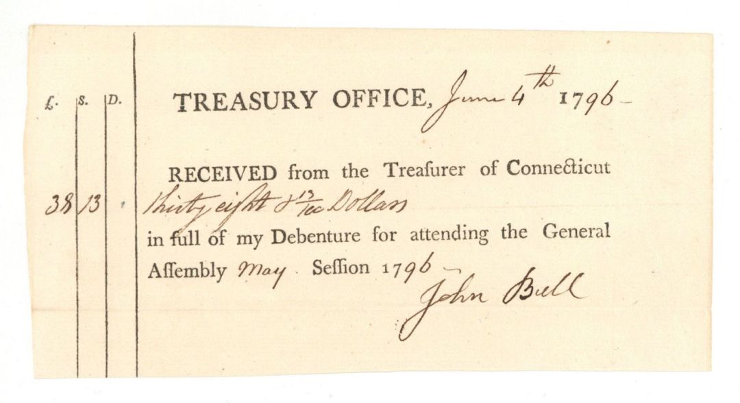 1790 dated Receipt Signed by John Bull - American Revolutionary War Document