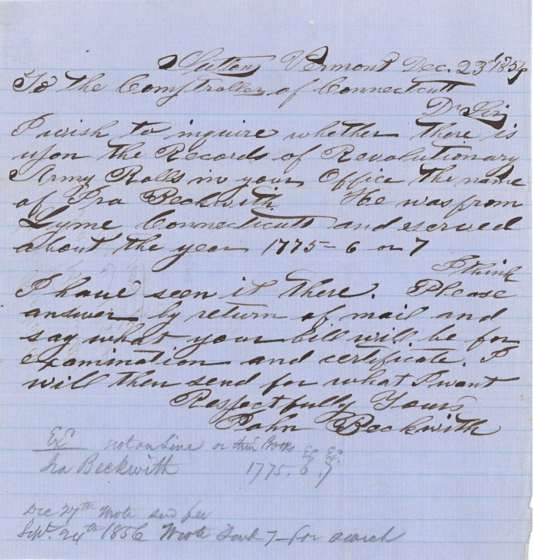 1854 or 1856? dated Soldier Verification Letter - American Revolutionary War Document