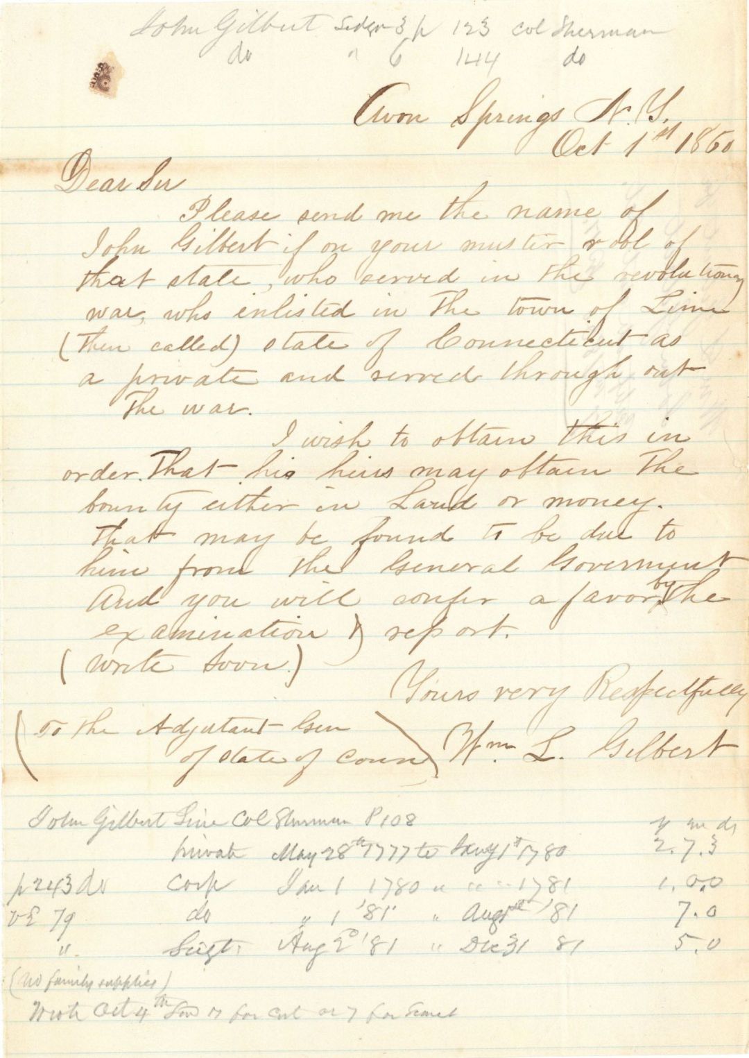 1860 dated Soldier Verification Letter - American Revolutionary War Document