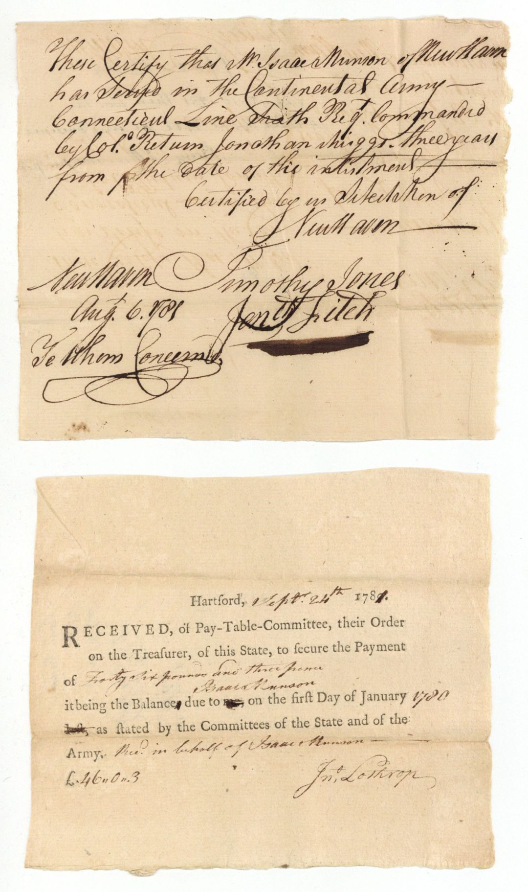 1781 dated Pay Order and Certification of Service - American Revolutionary War Document