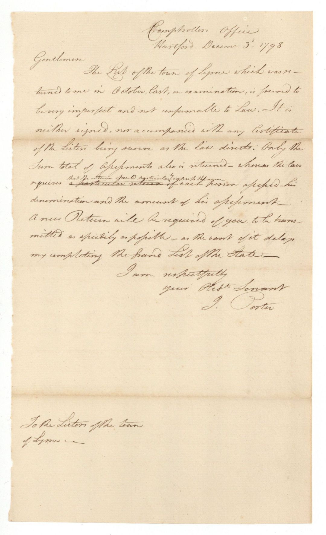 1798 dated Letter from Comptroller Office - American Revolutionary War Document