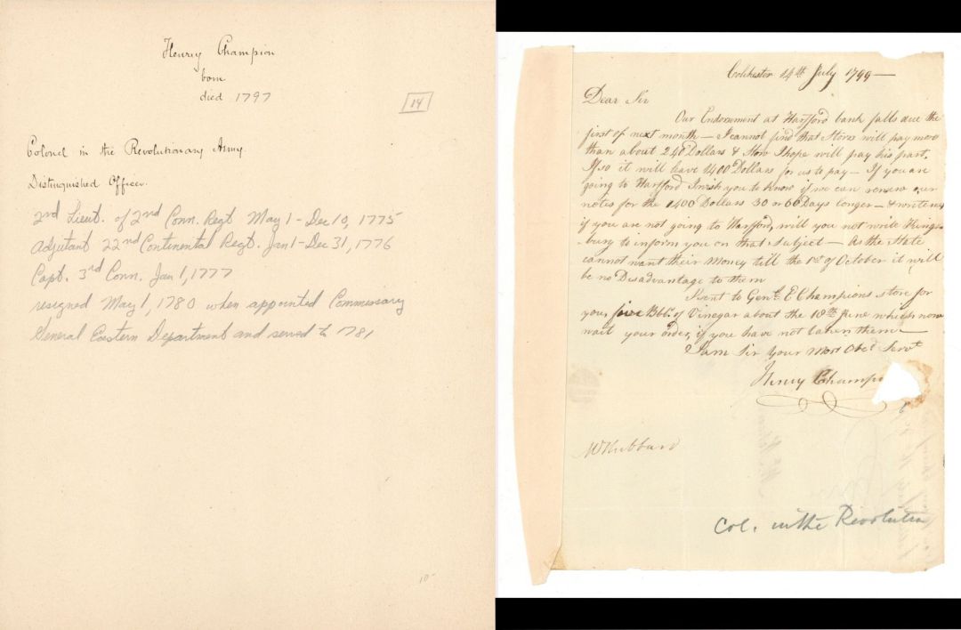 1797 and 1799 dated Letter from Henry Champion, Colonel - American Revolutionary War Document