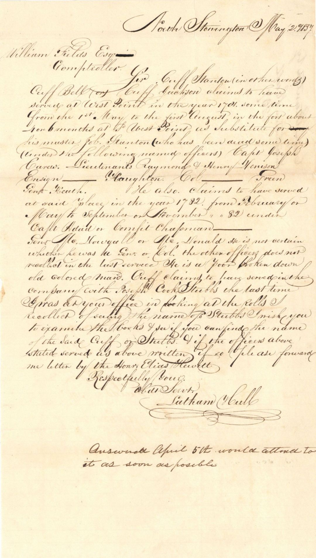 1837 dated Letter Regarding West Point - American Revolutionary War Document