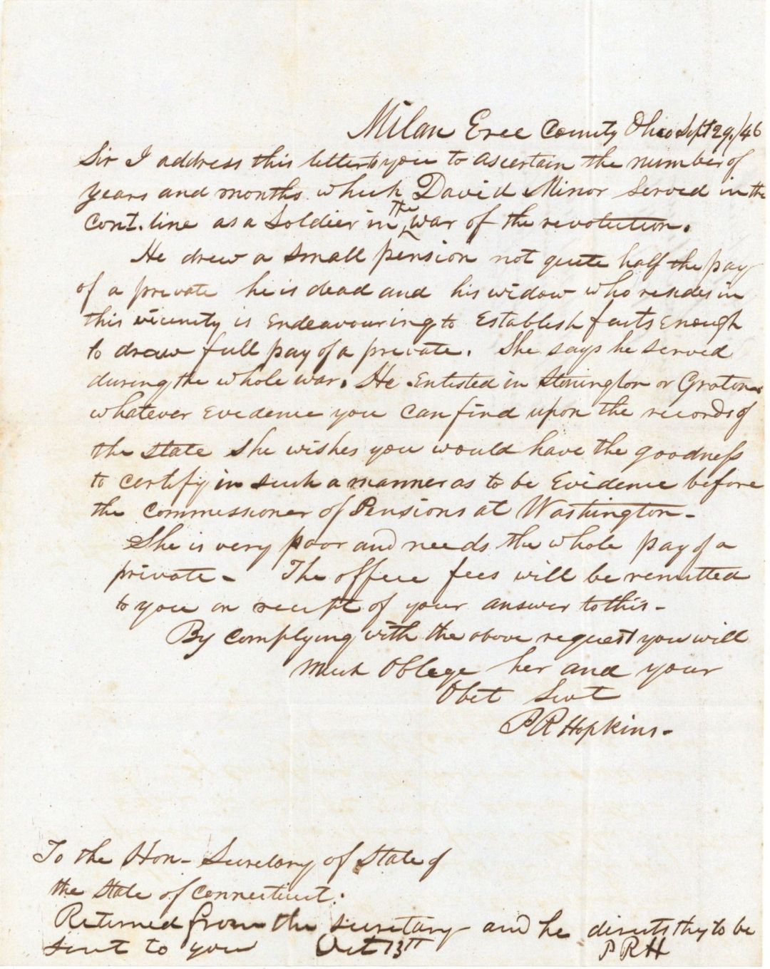 1846 dated Pension Letter - American Revolutionary War Document