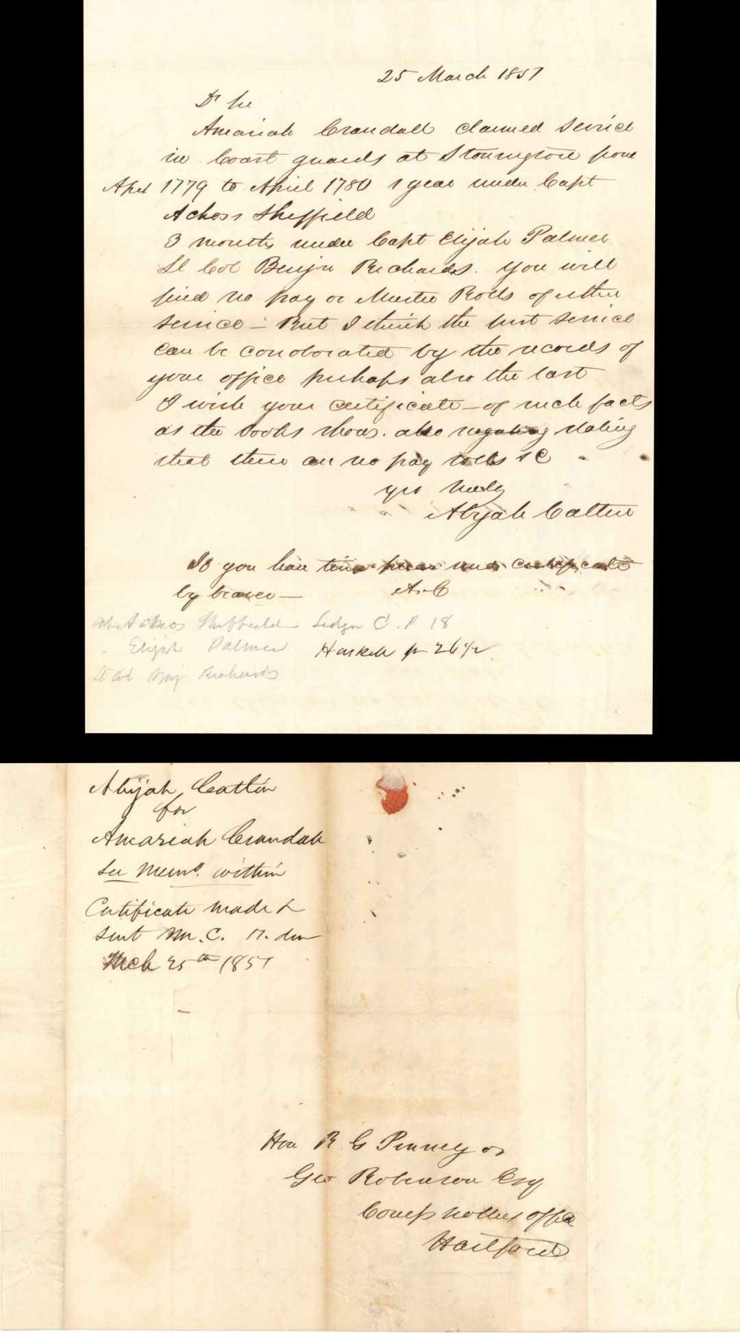 1857 dated Letter - American Revolutionary War Document