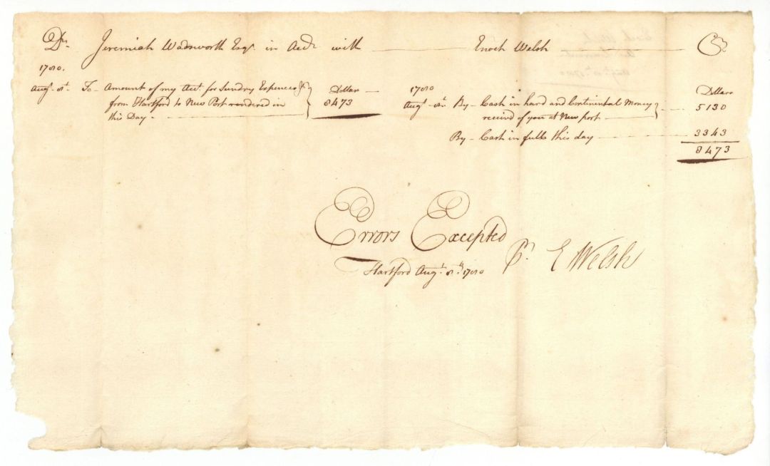 1780 dated Account of Jeremiah Wadsworth - American Revolutionary War Document