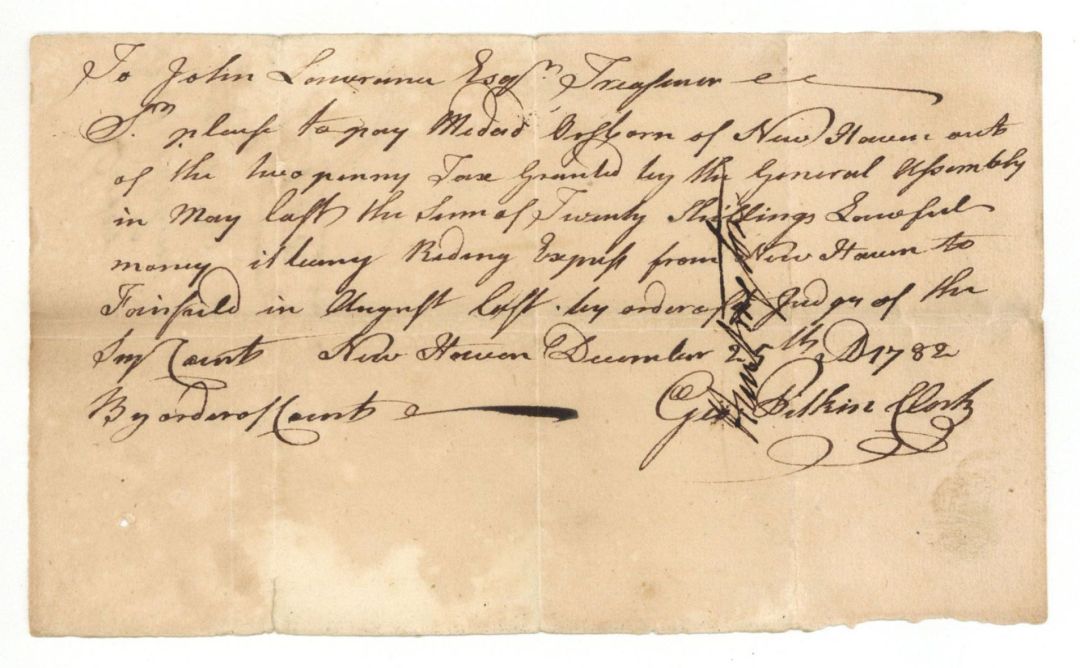 1782 dated Pay Order signed by Jed Huntington and Geo. Pitkin and issued to John Lawrence - Autograph