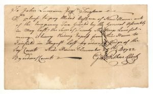 1782 dated Pay Order signed by Jed Huntington and Geo. Pitkin and issued to John Lawrence - Autograph