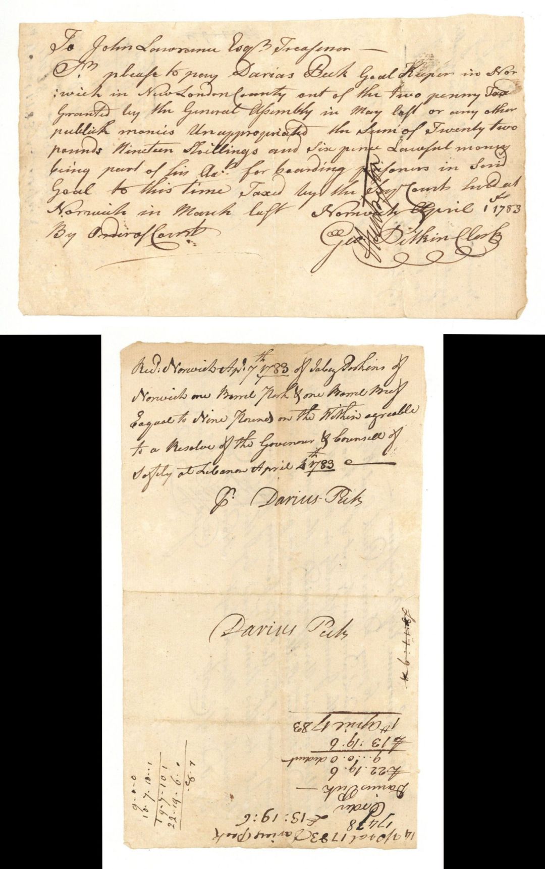 1783 dated Pay Order signed by Jed Huntington and Geo. Pitkin and issued to John Lawrence - Autograph