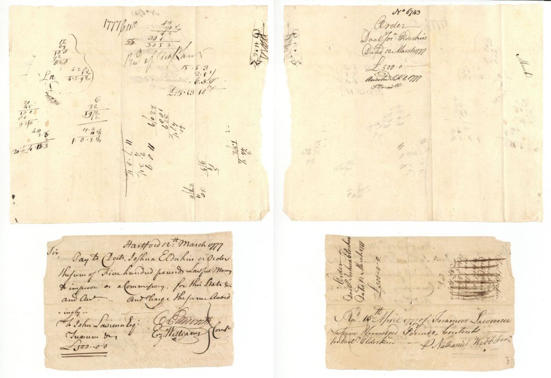 1777 dated Pair of Documents signed by Oliver Ellsworth - Connecticut Revolutionary War Pay Order