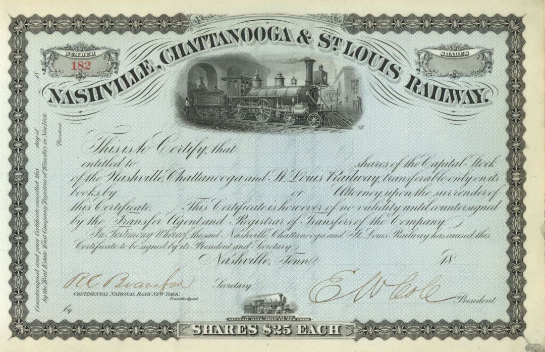 Nashville, Chattanooga and St. Louis Railway signed by E. W. King Cole  - Unissued Stock Certificate