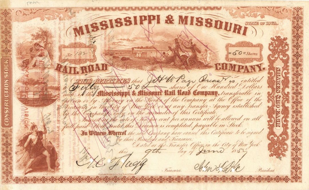 General John A. Dix signed Mississippi and Missouri Railroad Co. and Portrait- Stock Certificate