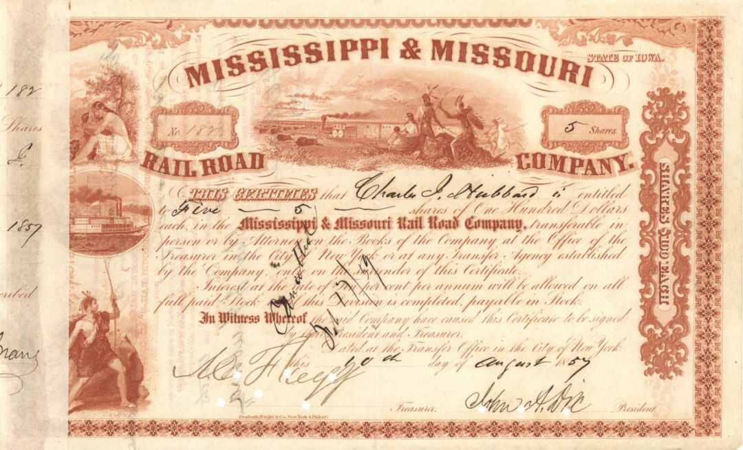 Mississippi and Missouri Railroad Co. Signed by General John A. Dix - 1856-1858 dated Autographed Stock Certificate