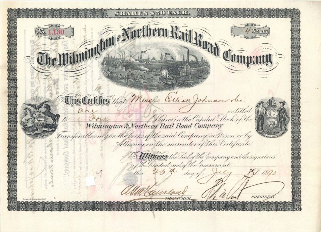 Wilmington and Northern Railroad Co. Signed by Henry Algernon Du Pont - 1888-1895 Autographed Stock Certificate